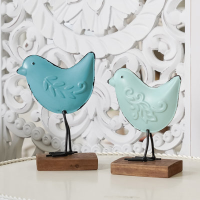 Figurines et sculptures d'oiseaux décoratifs en métal avec accents en relief et base en bois