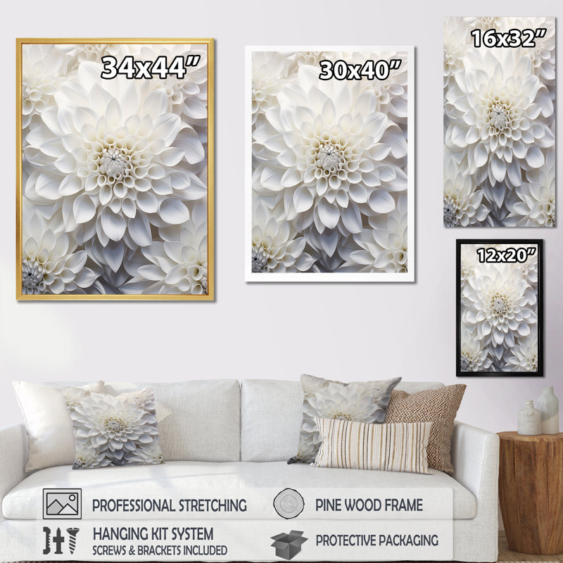 Minimalisme blanc Dahlia - Dahlia, reproduction d'art encadrée, Cadre flottant blanc, H 44 po x l 34 po x P 1,5 po