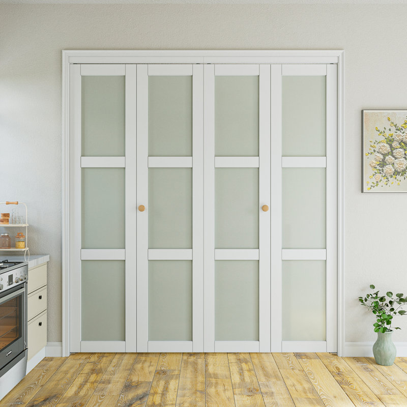 Portes pliantes classiques pliables en verre trempé givré 3-Lite avec trousse de quincaillerie d'installation, 72 po x 80 po