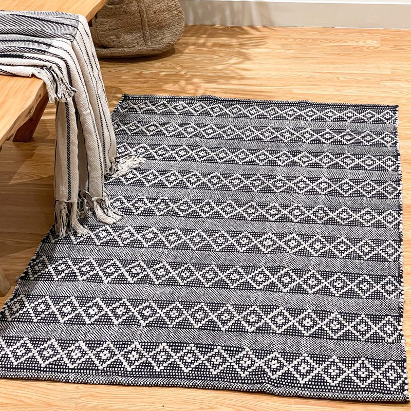 Steverson Cotton Bath Rug, Black/Ivory, Single - 60" L x 36" W