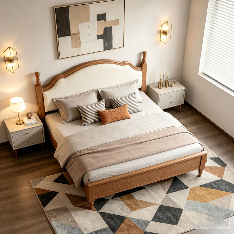 Lit plateforme très grand en bois avec tête de lit tapissier, Très grand lit, Beige/brun