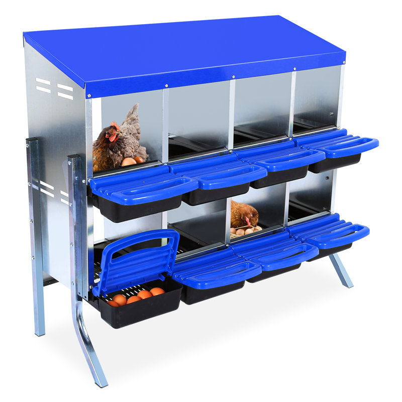Spacieuse boîte de nidification pour poulets en métal à 8 compartiments - conception roulante pour des œufs propres, couvercle amovible, ventilé, avec support - bleu