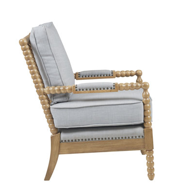 Fauteuil chic Chic - revêtement bleu cendré, finition chêne brun clair, cadre réglable en bois massif avec accoudoirs réglables, garniture bronze