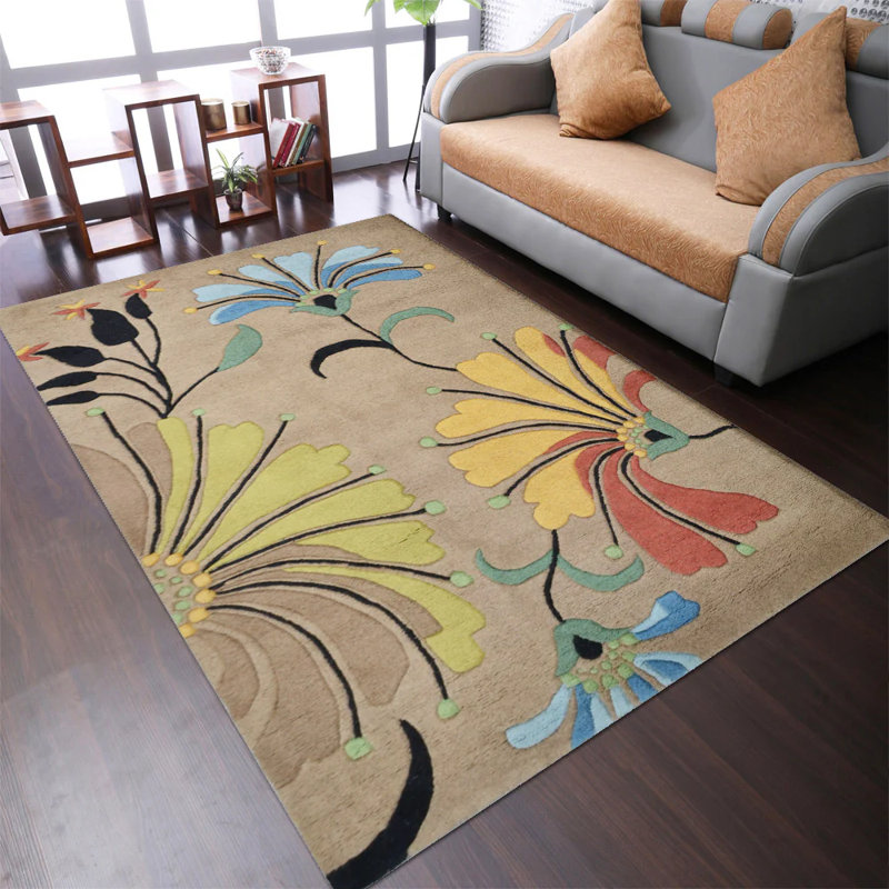 Styles Tapis en laine touffeté à la main écologique - Rectangle | Couleur chameau | Motif floral | Tapis de salon, chambre à coucher