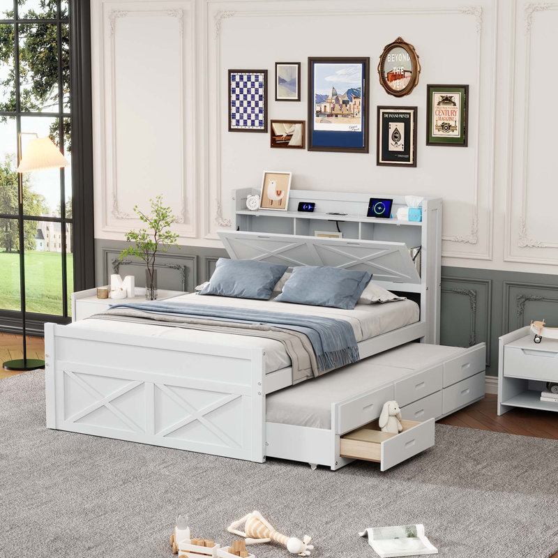 Lit en bois avec tête de lit avec prises de courant et lit gigogne simple, Double, Blanc