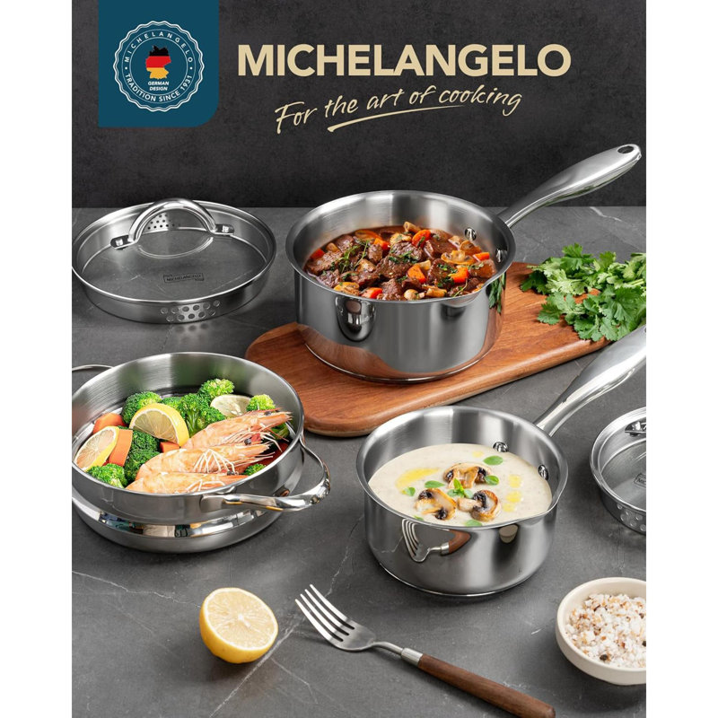 Ensemble de casseroles en acier inoxydable avec cuiseur à vapeur 5 pièces 18/10 avec bec verseur et crépine avec couvercle en verre