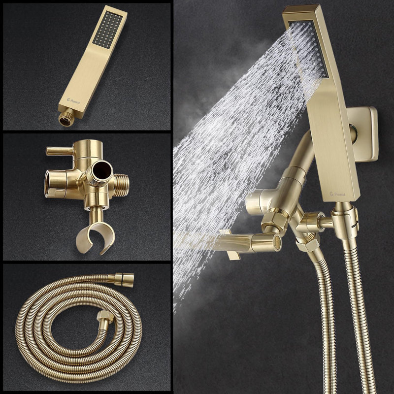 Brushed Gold All-Metal Dual Shower Combo - 8-Inch Rain Head, Handheld Wand, Long Hose, Extension Arm