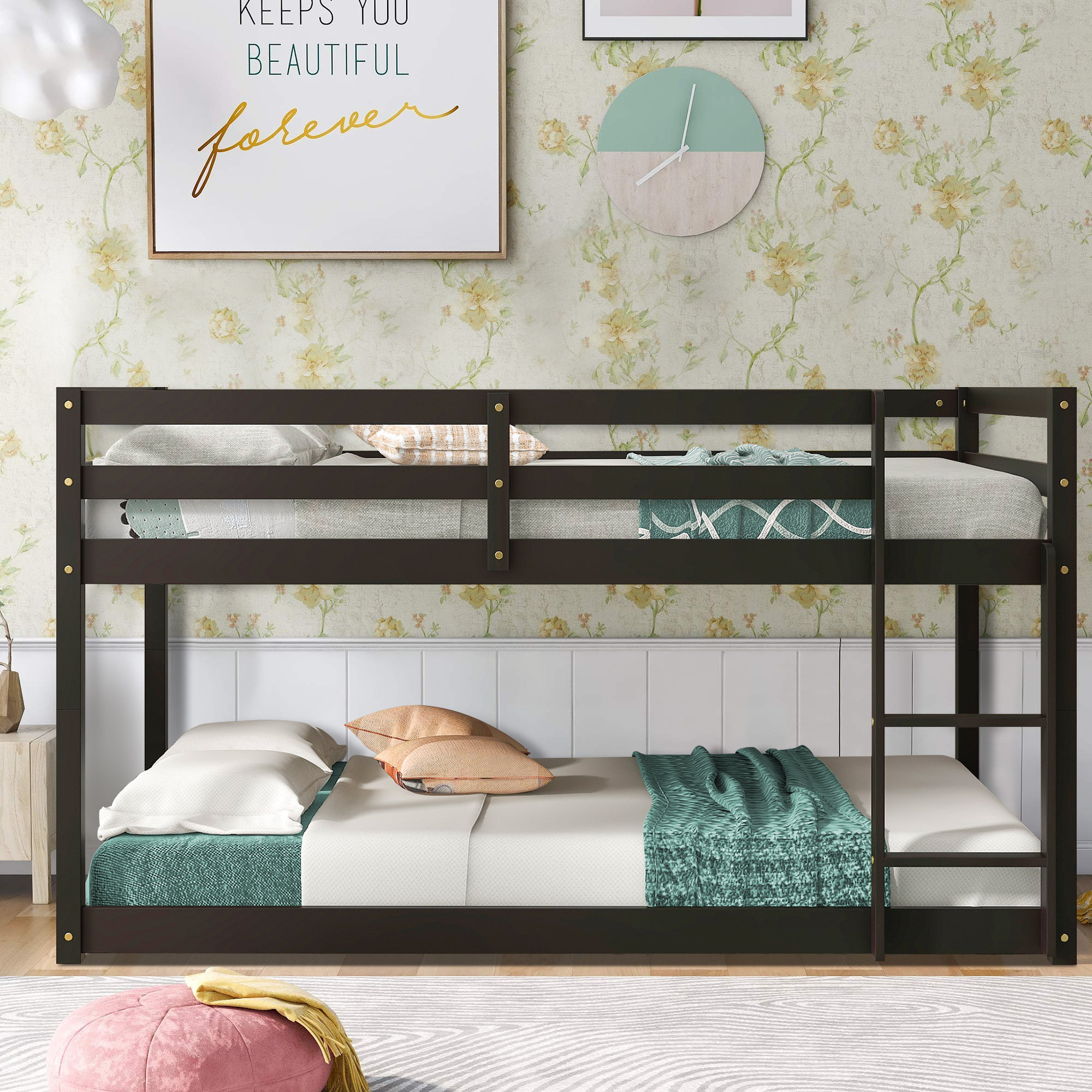 Harriet Bee Wood Twin Over Twin Floor Bunk Bed with Ladder, Twin Size ...