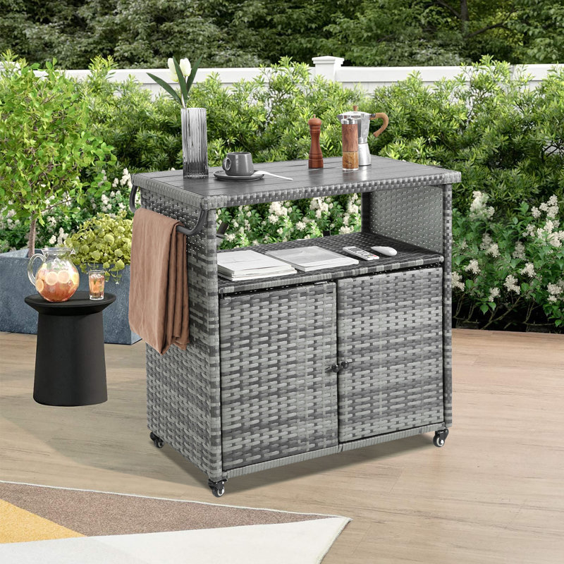 Outdoor Wicker Bar Cart, Patio Wine Serving Cart W/Wheels , Rolling Rattan Beverage Bar Counter Table W/Glass Top For Porch Backyard Garden Poolside Party