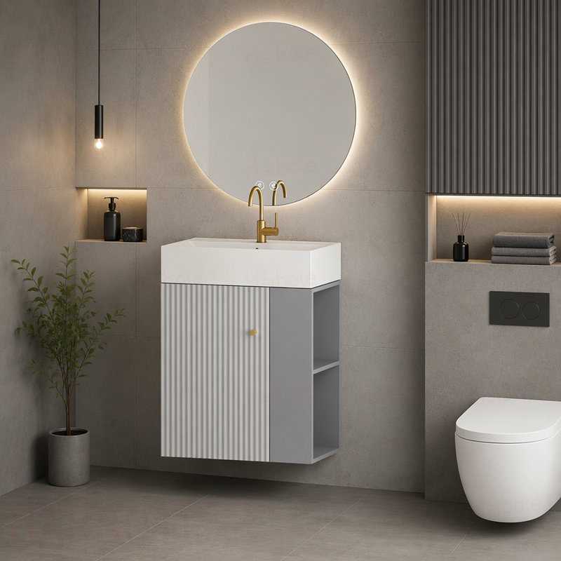 Meuble-lavabo mural avec lavabo en céramique, porte à fermeture en douceur, tablette de rangement flottante à droite, assemblage requis