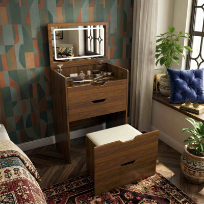 3-In-1 Makeup Vanity Table With LED Mirror & Storage Stool – Compact Desk For Bedroom & Bathroom