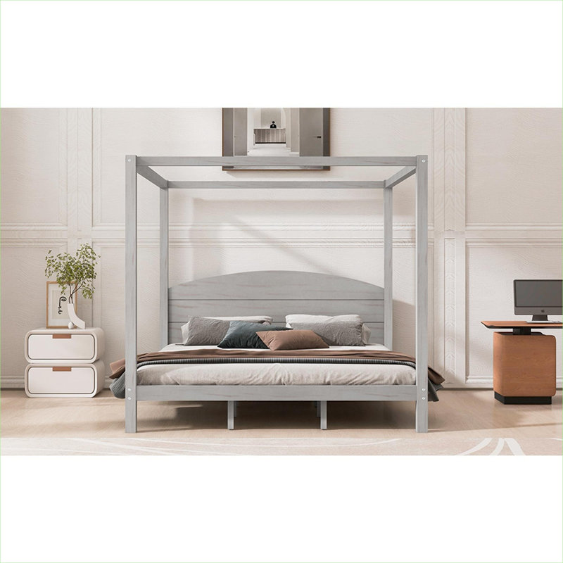 King Size Platform Canopy Bed for Bedroom, Solid Pine Cool Gray Frame With Headboard and Central Support Legs