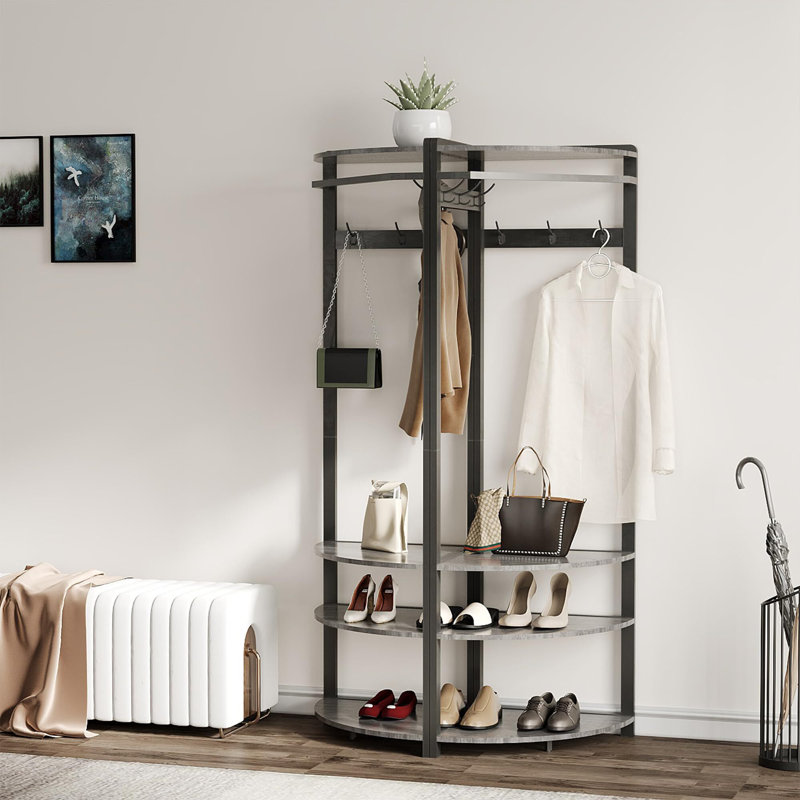 Corner Coat Rack With 6 Double Hooks, Black/Gray