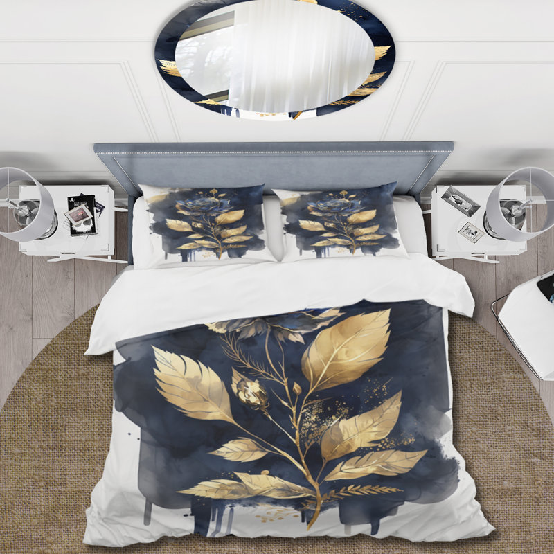 Ensemble de housse de couette en microfibre / polyester peint bleu et or rose sur blanc III Bedding