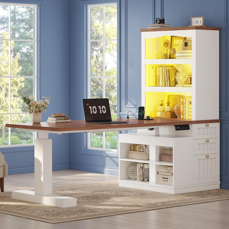 Standing Desk Adjustable Height With 3-tier Bookcase, 70" Executive Electric Office Desk With Power Outlets And Led Light, Sit Stand Computer Desk With Storage Shelves And File Drawers, White