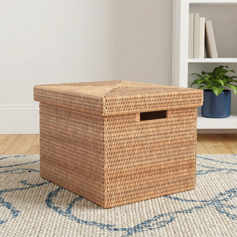 Hand-Woven Rattan Rectangular Basket with Lid, Honey Brown