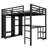 Queen size metal loft bed frame with built-in wardrobe, desk, and storage shelves, space-saving design, black