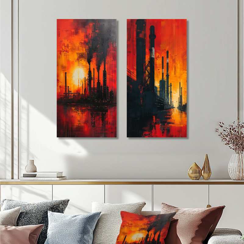 «Red Orange Industrial Industrial Landscape I - Factories», ensemble d'art mural 2 pièces, H 32 po x l 32 po