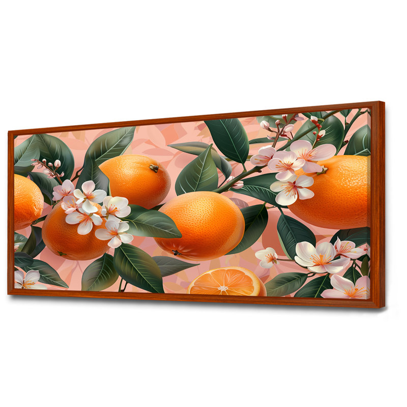 Yellow Pink Floral Orange Trees IV - Fruits Wall Art Print, 28" H x 60" W, Brown Floater Framed