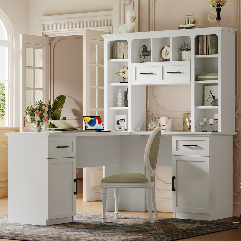 L-Shaped Computer Desk with 2 Cabinets and 2 Drawers, 11 Open Shelves and 1 Right Flip Shelf with Storage, with Power Outlet