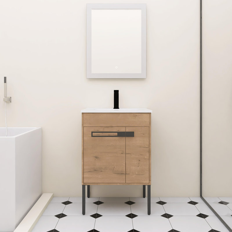 Meuble-lavabo de 24 po avec lavabo en céramique blanc et 2 portes d'armoire à fermeture en douceur, autoportant ou flottant en option