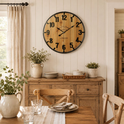 30 Inch Farmhouse Wall Clock with Wood Frame and Metal Ring