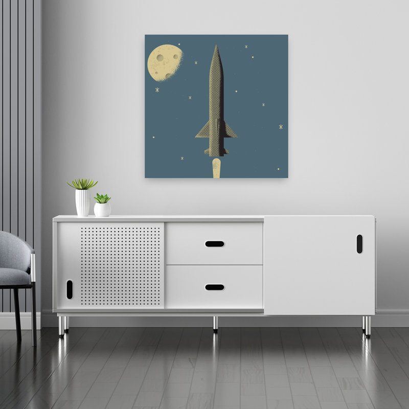 Rocket Moon Journey, rétro, impression d'art abstrait rétro, 36" H x 36" W