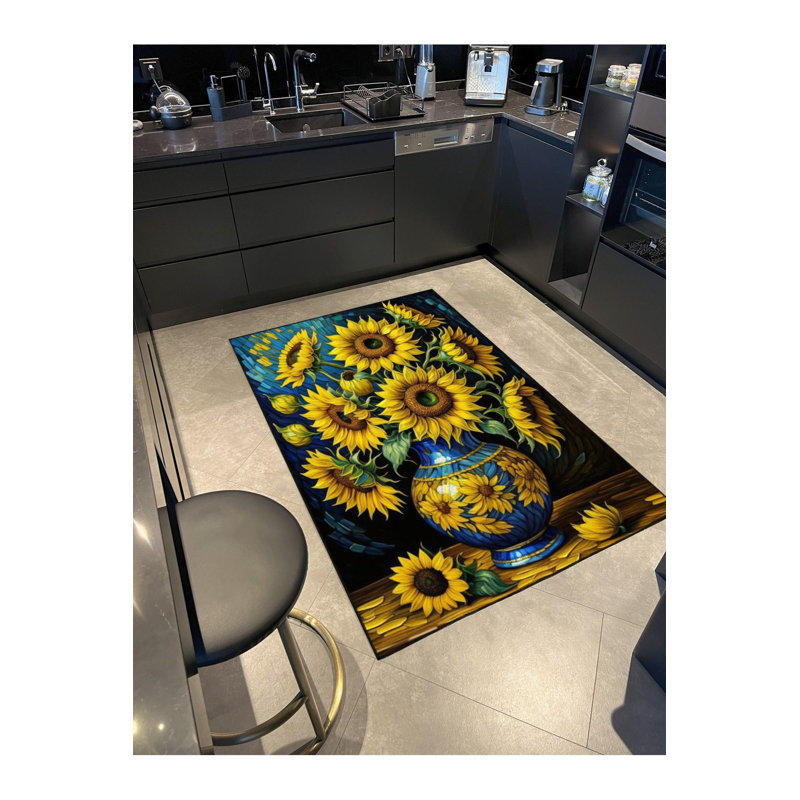 Tapis lavable décoratif coloré jaune à motif floral jaune, Sous-tapis carré 3 pi 3 po inclus