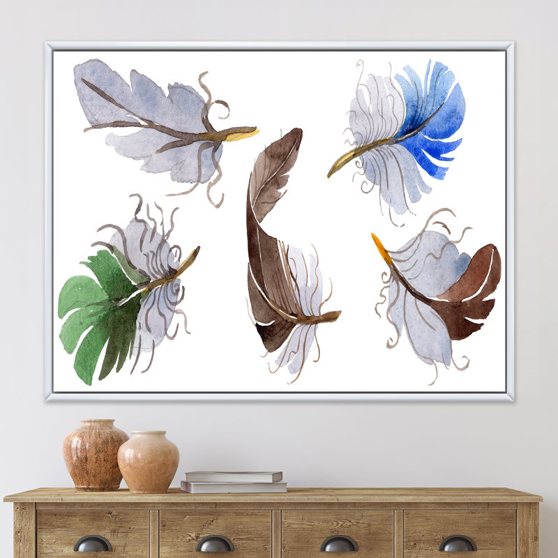 Ensemble de plumes colorées Boho IV - peinture sur toile, H 12 po x l 20 po x p 1 po, Cadre blanc