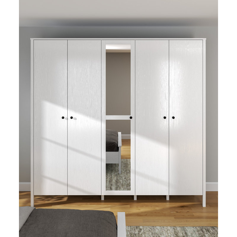 Modern Scandinavian Wardrobe, White & Wood Finish, 88.1 x 84.6 x 23.2 inches | 100% Melamine Coated Particle Board, MDF Profile Legs, Metal Handles | Numerous Shelves, Wall-Mountable Design, Stylish Storage Solution