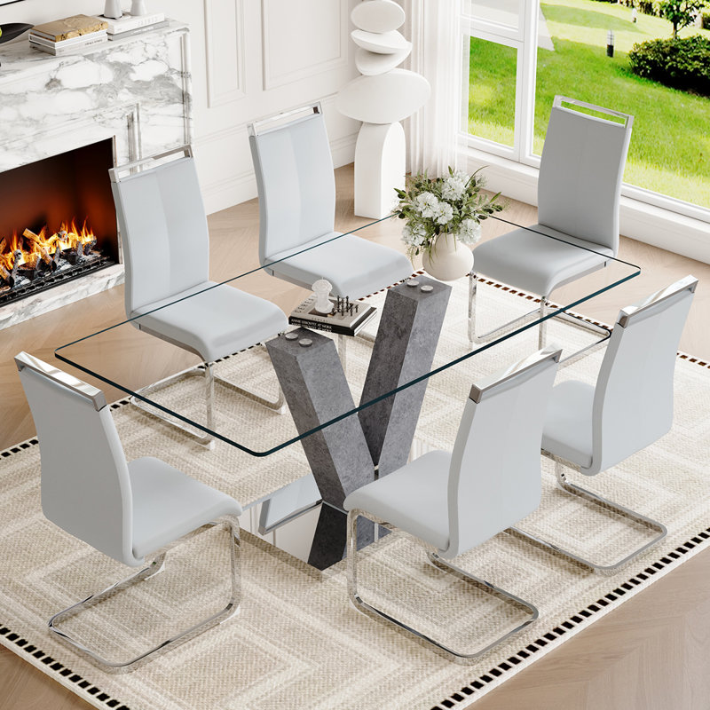 71″ Modern Glass Dining Table Set for 6–8 – Tempered Glass Dining Table with PU Leather Chairs, Stylish Kitchen & Dining Room Set