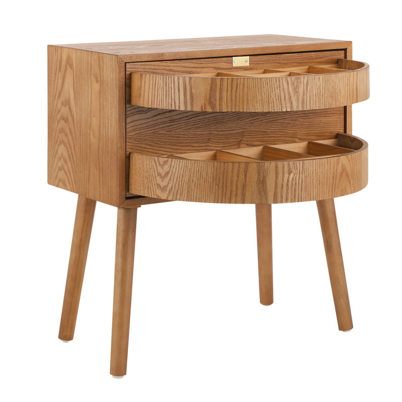 Table de chevet moderne en bois avec compartiments cachés et détails en rotin Furnary, Naturel, Ensemble de 2