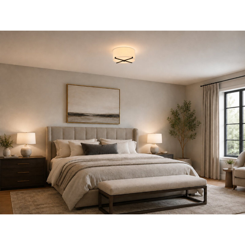 Bourget 3-Light Black Flush Mount With A White Fabric Shade