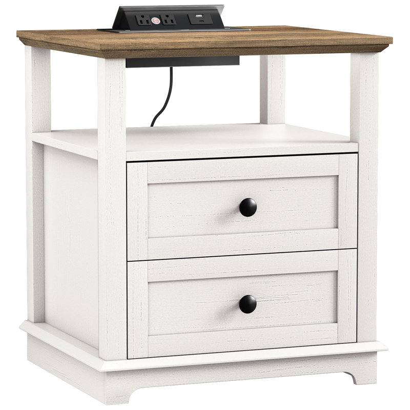 2 Drawer Danforth with Storage and Built-in Charging Station, White