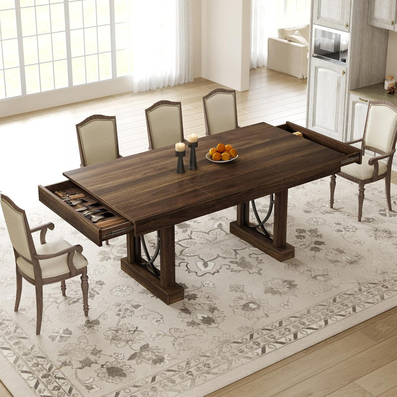 Dining Table for 6-8 w/ 2 Drawers, Wooden Kitchen Table w/ Double Pedestal & Large Tabletop, 8 Ft Large Rectangular Dinner Table w/ Sturdy Frame