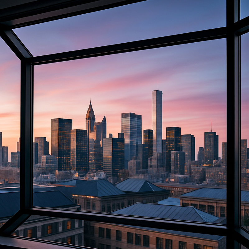 Skylinescape - Vue panoramique encadrée du centre-ville de New York avec une lueur coucher de soleil
