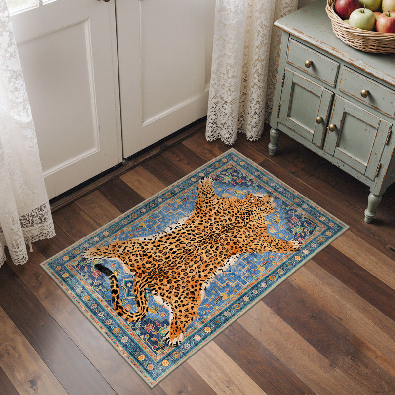 Aura Animal Print Machine Washable Blue / Yellow Indoor Area Rug with Non-Slip Backing, Rectangle 9' x 12'