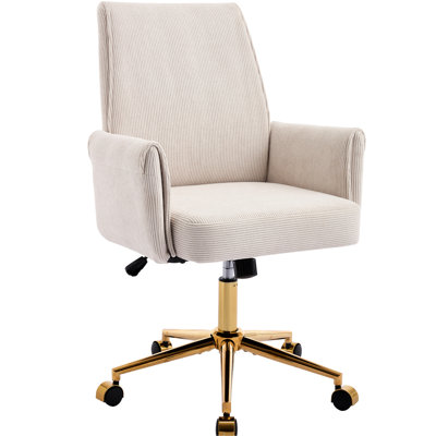 Mid-Back Liftable Office Chair With White Corduroy Striped, Ergonomic And A Dazzling Golden Stand Striped Corduroy, Back Stable Understructure