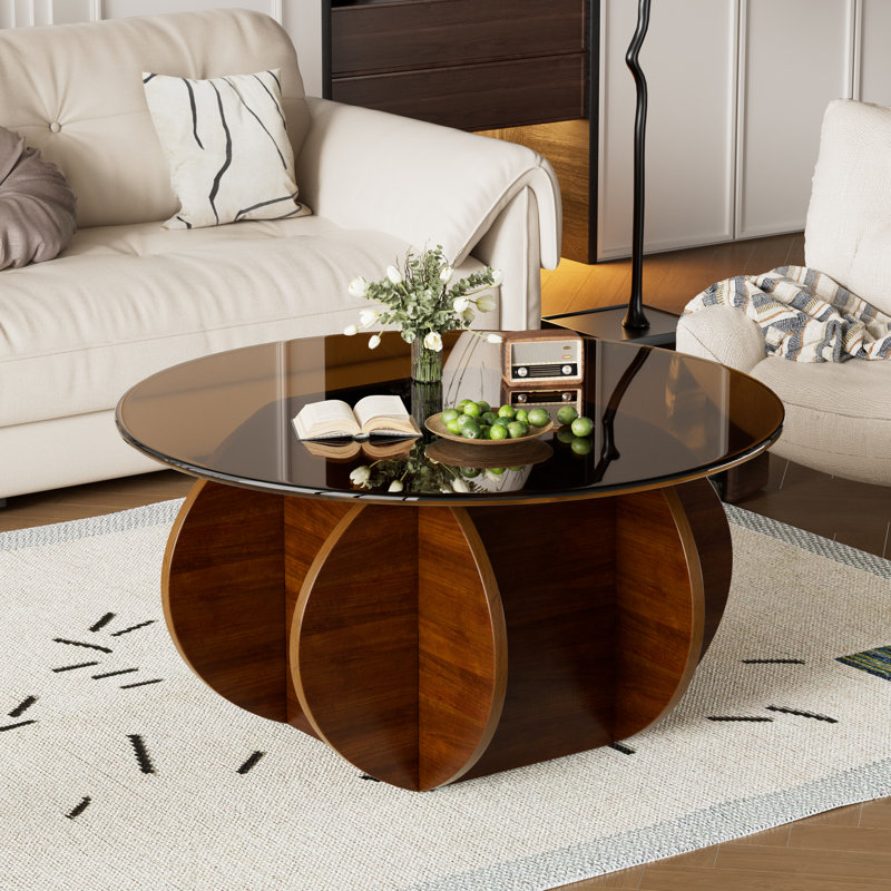 Table basse ronde en bois avec plateau en verre trempé et l 27,5 po