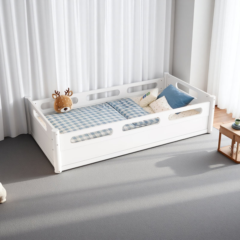 Lit plateforme au sol avec garde-corps pleine longueur, Twin, White
