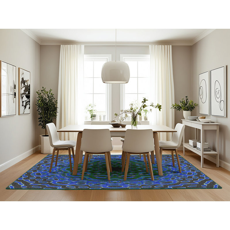 Tapis bleu/vert tissé à la machine, Rectangle 7 pi x 10 pi