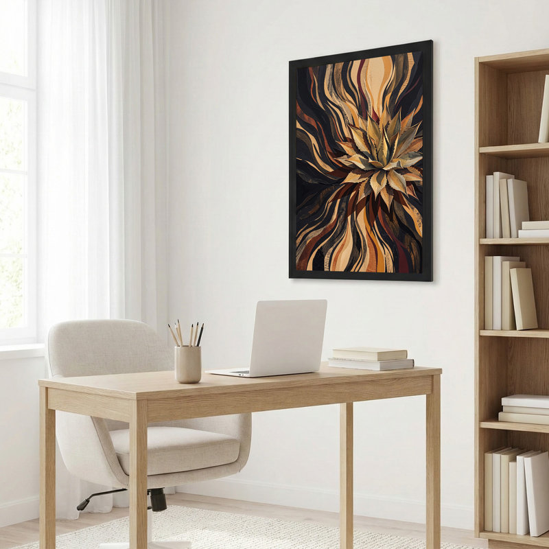 Agave, plante avec toile abstraite noire et dorée, art sur toile, H 30 po x l 20 po