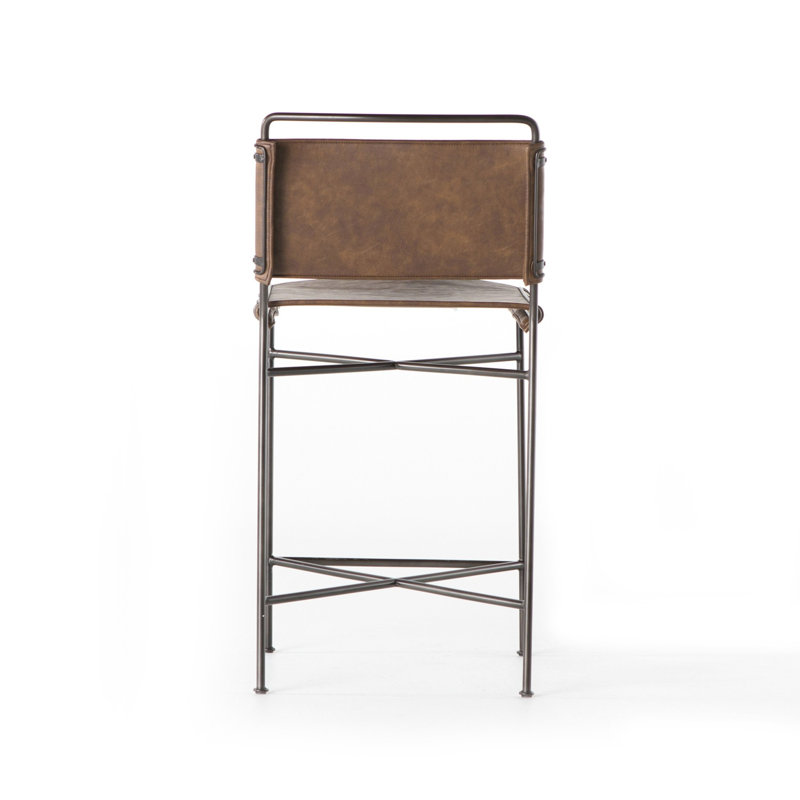 Kenza Counter Stool, Dark Bronze, Distressed Brown Faux Leather, Counter Stool (26.5" Seat Height)