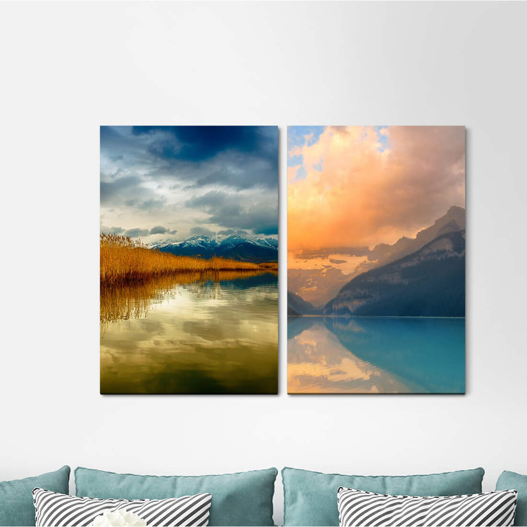 2-tlg. Leinwandbilder-Set - Fotografie "Alaska Nordsee-Rosa-Wolken-Berge-Horizont-positive Energie"