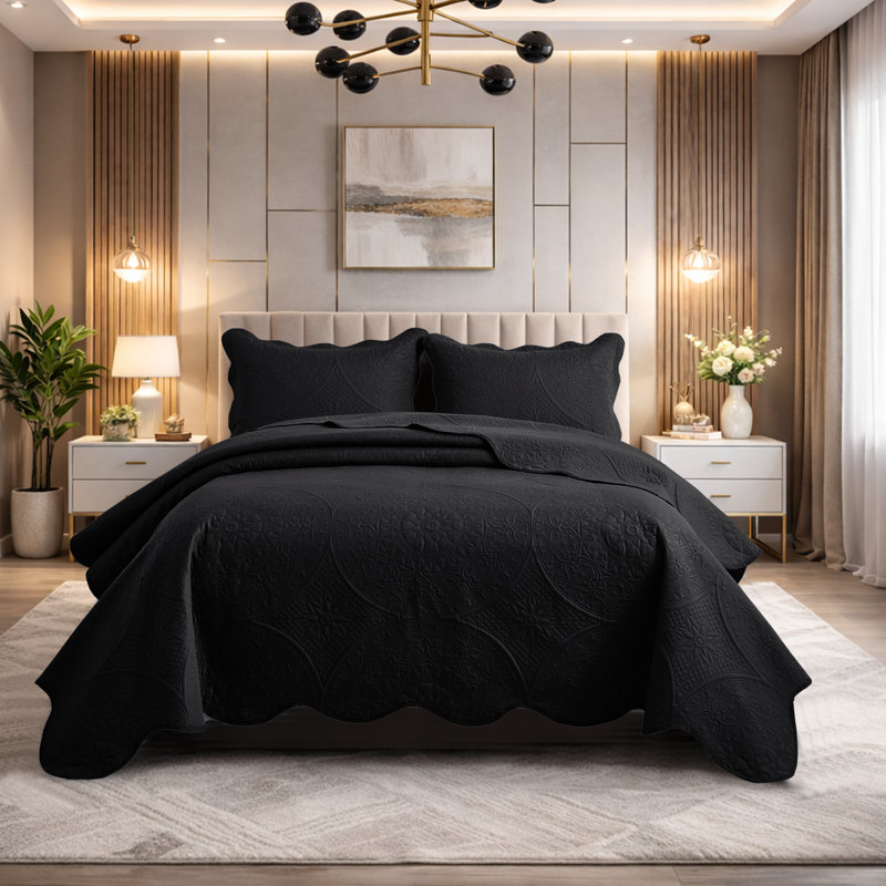 Ensemble de courtepointe en microfibre à motif floral embossé, Black, Grand couvre-lit + 2 taies d'oreiller standard