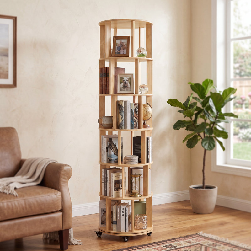 Bibliothèque tournante à 6 niveaux avec bibliothèque rotative à 360 ° en bois massif pour petits espaces, bibliothèque d'angle pour chambre à coucher, salon et salle d'étude