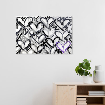 Abstract Corey Paige - Hearts Greys with Purple Accent Industrial Black Canvas Wall Art Print