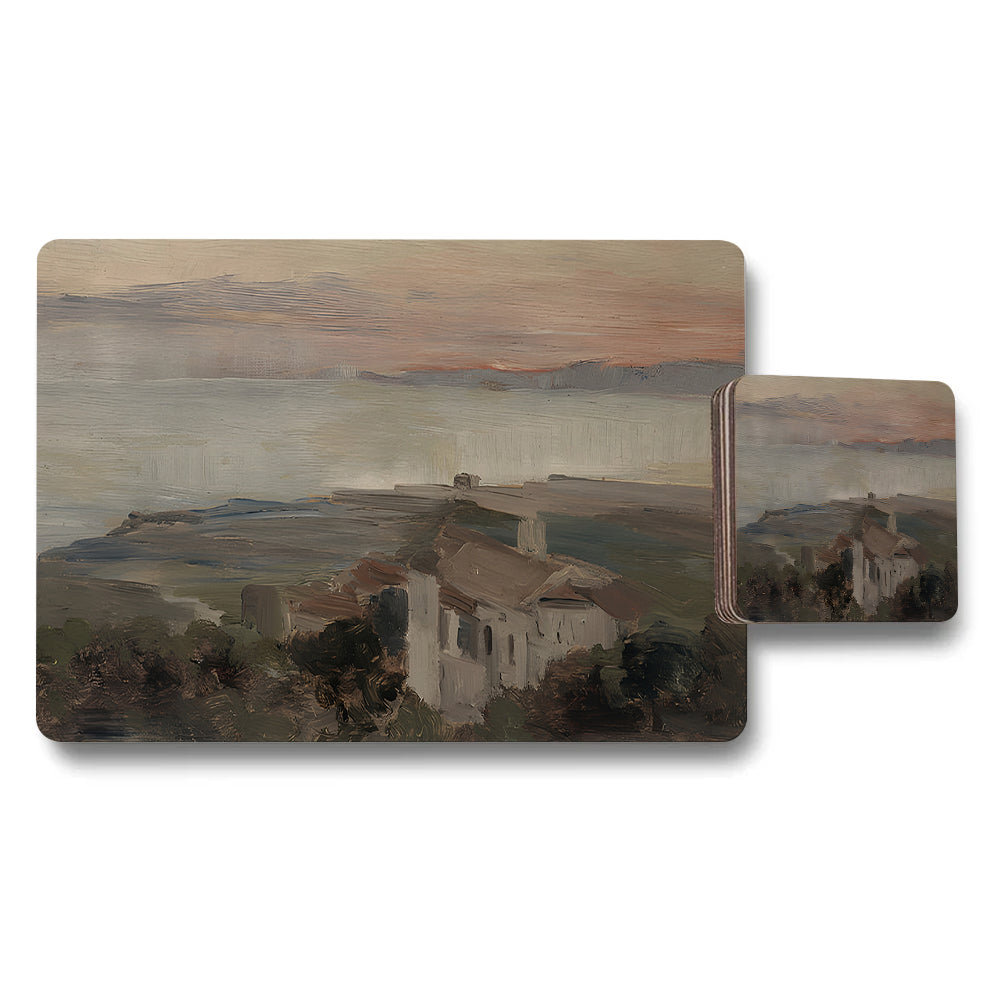 Scenic Landscape Placemats And Coaster Set With Hillside Village Print