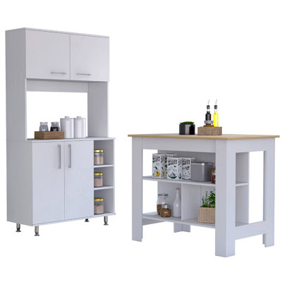 Ralston 7-Shelf 4-Door 2-Piece Kitchen Set, Kitchen Island And Pantry Cabinet White And Light Oak