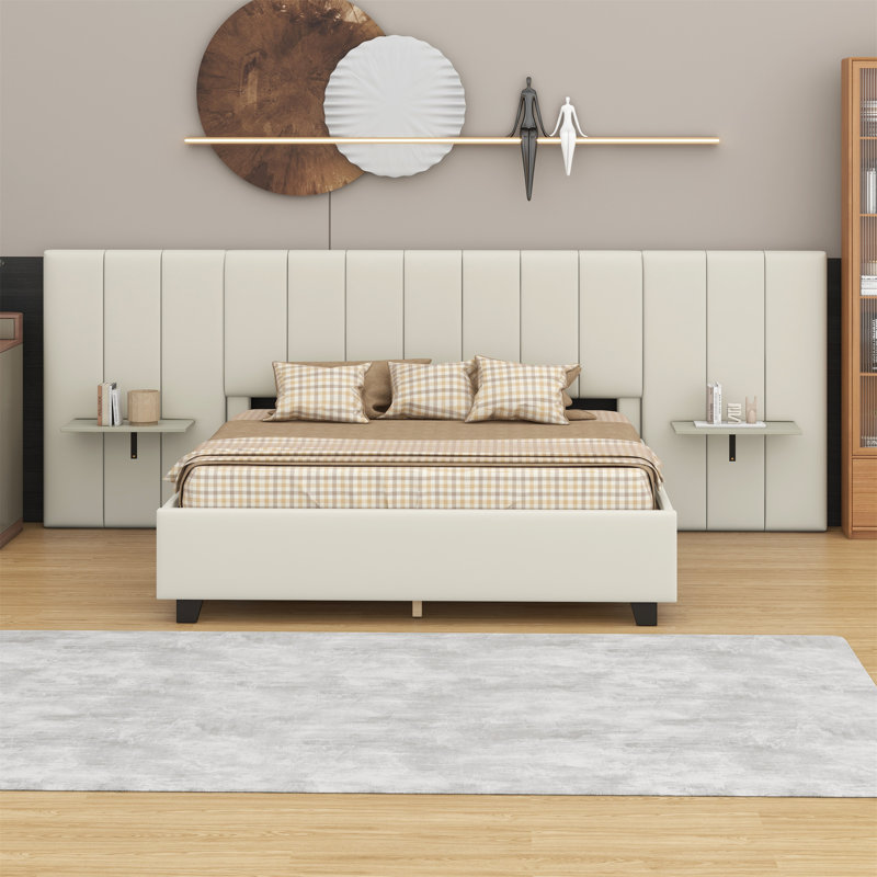 Lit plateforme tapissier avec grande tête de lit, Beige, Grand lit